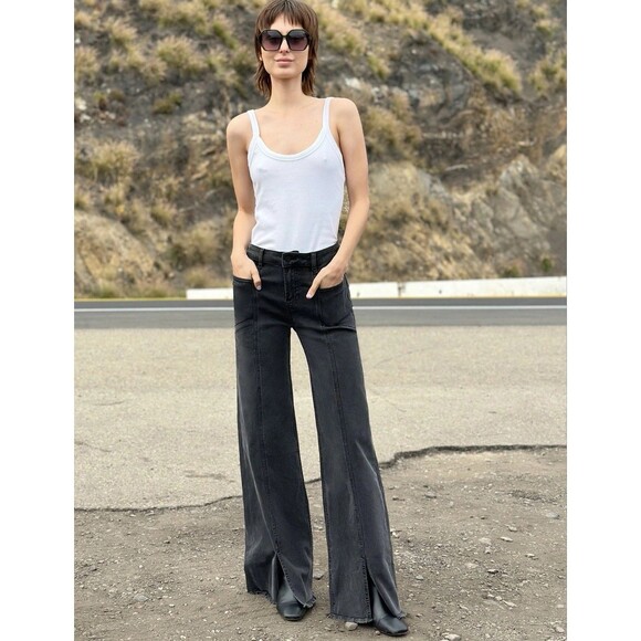 WASH LAB Front Slit Straight Brushed Black Women's Size 30 Jeans Wide Leg Panels - Picture 1 of 15